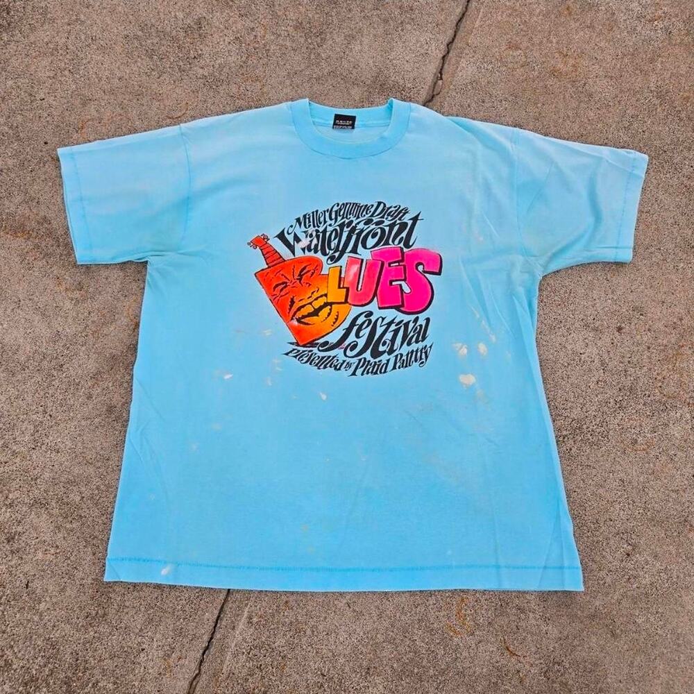 vtg 90s WATERFRONT BLUES FESTIVAL Portland Music Plaid Pantry Tee Blue XL